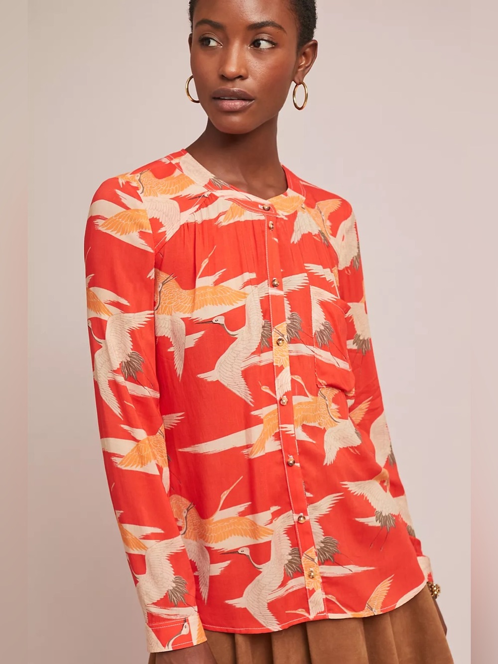 Anthropologie Conversations Colloquial Collarless Buttondown Crane Print Blouse